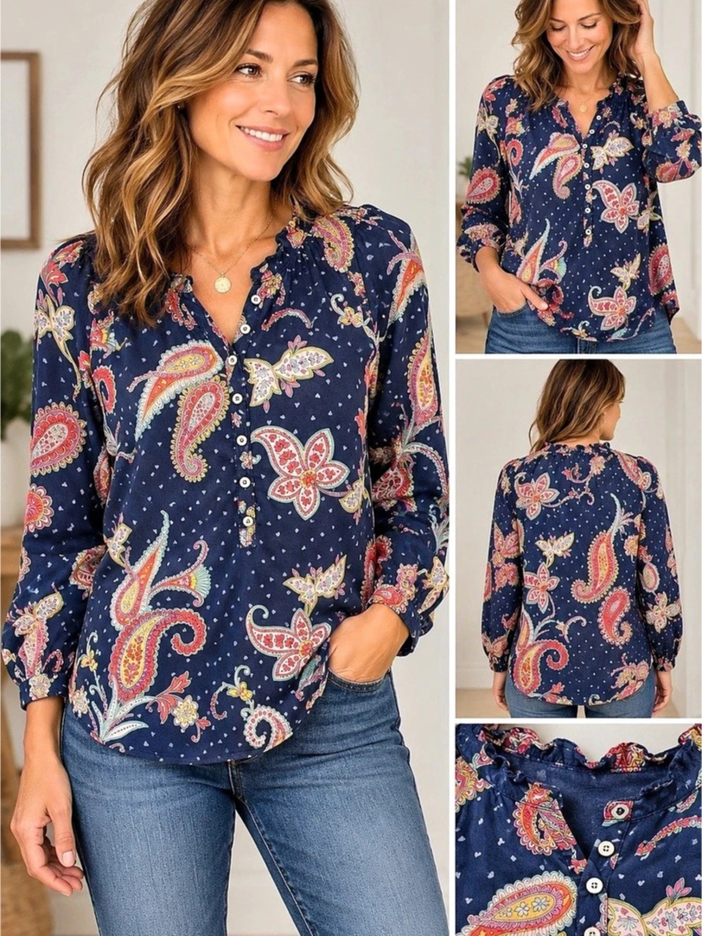 Talbots Prancing Paisley Ruffle Neck Top Women's Blouse Blue & Red Medium